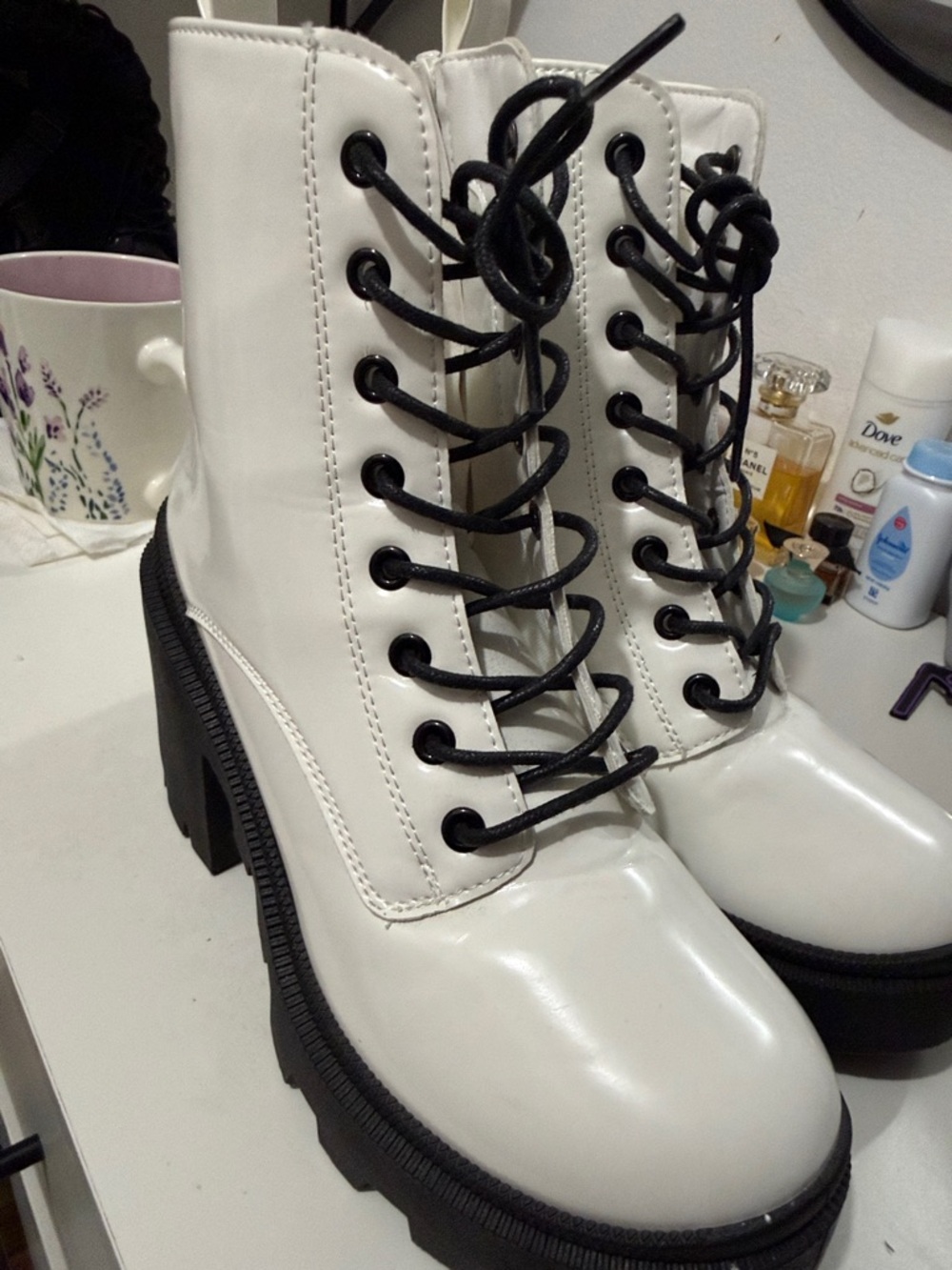 Forever 21 White Lace-Up Platform Combat Boots with Black Laces